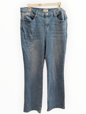Nicole Miller Blue Wide-Leg Jeans with Crystal Studs